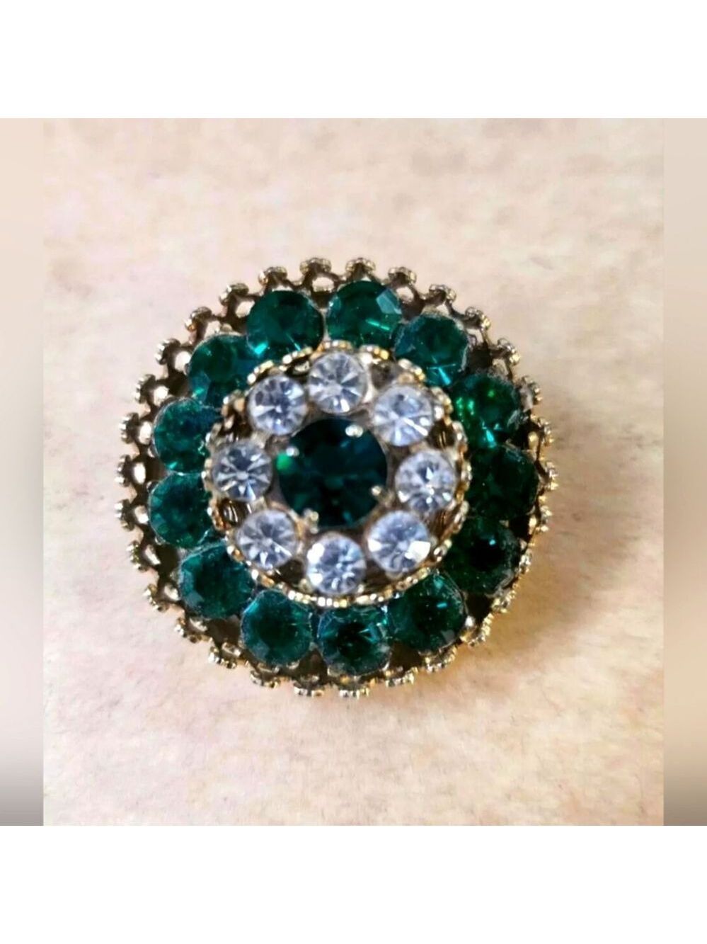 Vintage Coro Green & Clear Rhinestone  Brooch Gold Tone 1 1/8" 1950's